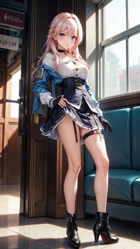 a beautiful young woman, light pink hair,  big blue eyes, ankle boots, archery shooting glove, badge, bare legs, black choker, black corset, black footwear, black gloves, blue jacket, blue skirt, boots, button badge, buttons, choker, collarbone, corset, ea...