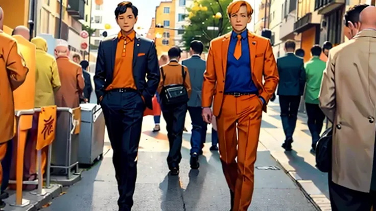 orange shirt, standing, looking at viewer, long pants, suit, full body,tie, president