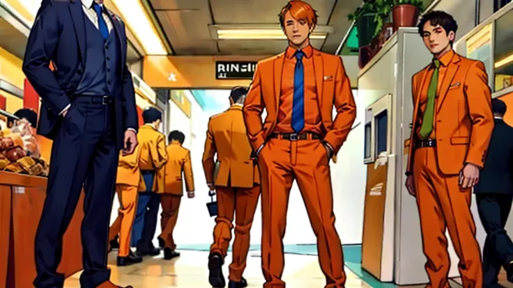 orange shirt, standing, looking at viewer, long pants, suit, full body,tie, president