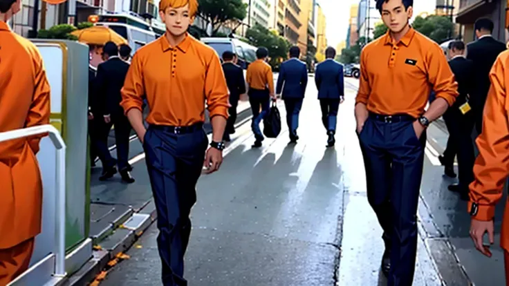 orange shirt, standing, looking at viewer, long pants, suit, full body,tie, president