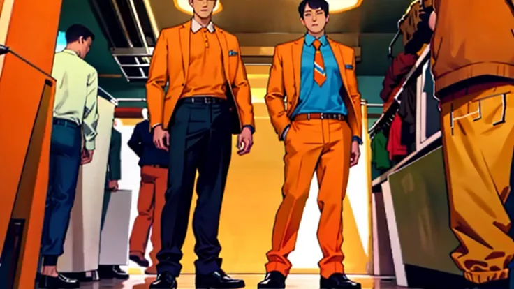 orange shirt, standing, looking at viewer, long pants, suit, full body,tie, president