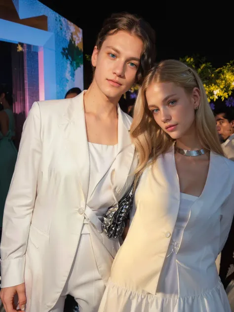 blonde woman with white dress and green eyes and man with white suit black hair and blue eyes in , ariana brand, the bottom es celestial, lv, Tyler, they are close to each other, Leaked image, james jean and petra cortright, soft on _ the bottom, Petra Col...