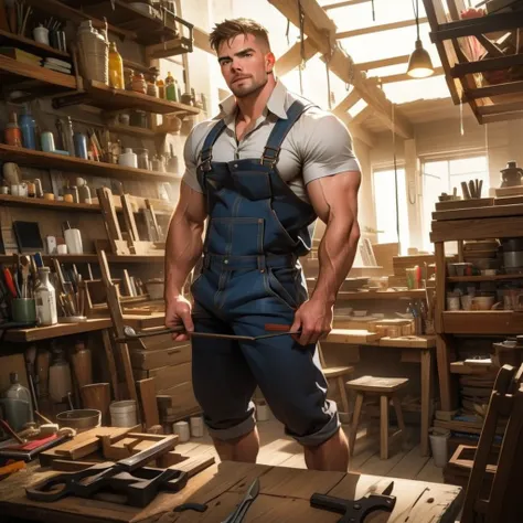 masterpiece, best quality, face, natural eyes, 1man, macho man,, muscled and mature, stephen amell as a carpenter wearing totall...