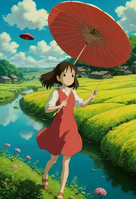 Ghibli　summer　countryside　Hold a parasol　Floating in the air　girl