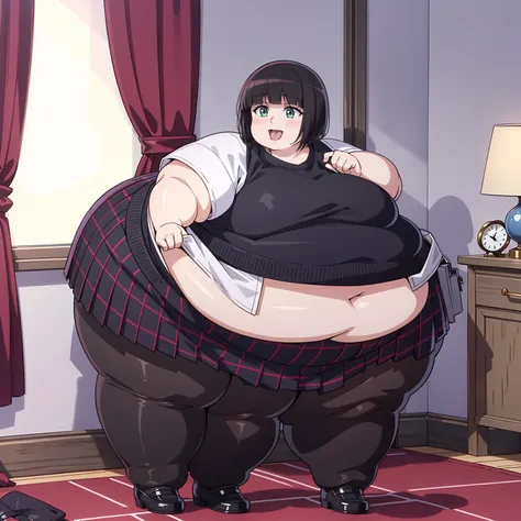 1 girl with obese body and short black hair., blue eyes. Wear a sweater shirt with a nice neckline., long checkered skirt and black tights. Leaning forward, with a horny look, visibly excited, in a hotel room.