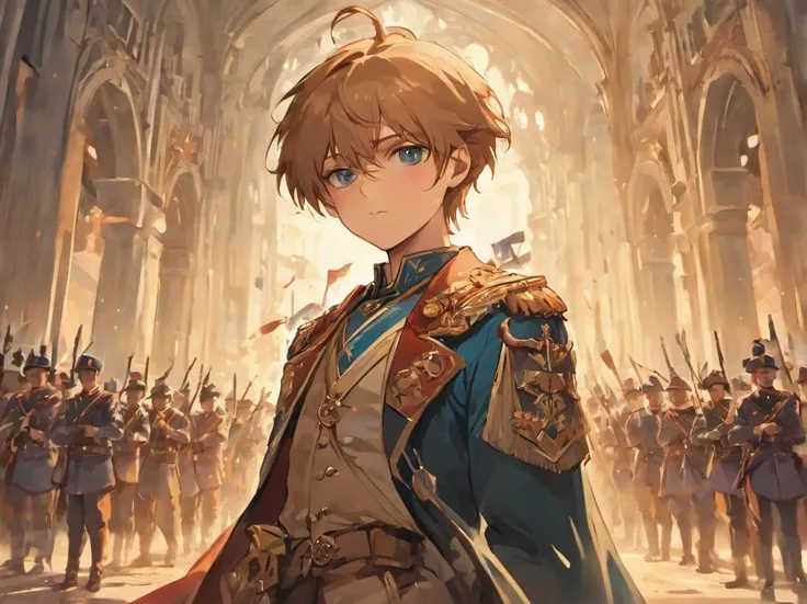 intricate detailed portrait of a young tan-skinned man in military uniform surrounded by armed soldiers in a victorian style city square, isekai anime movie poster, light novel cover, masterpiece, vibrant colors, highly detailed, 8k, photo-realistic, drama...