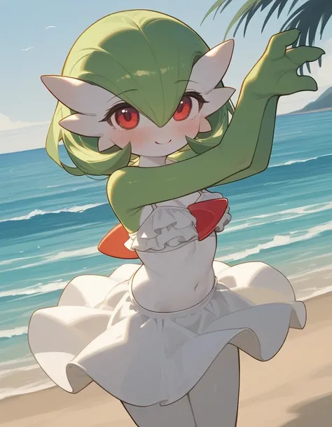 alone, score_9,score_8_up,score_7_up, anthro female gardevoir, wearing frilly white bikini, standing, beach background, cute pose, shy smile, blushing.