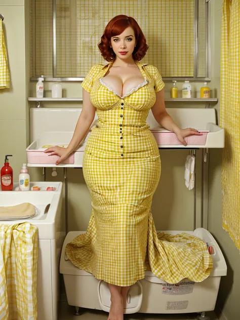 (background is a restroom:1.3), most beautiful women ever, (toy-sized:1.4) (curvy:1.3)  (christina hendricks:1.4) (laying back o...