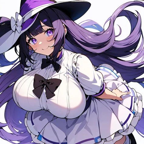 1woman, chubby body, black hair two ponytails, light purple and white witch hat, blue eyes, happy face, light purple and white fluffly dress, long white stockings, light purple shoes, big breasts, big ass