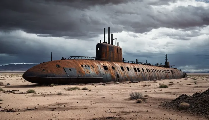 large rusty war submarine abandoned in buried desert, post apocalyptic, dark cloudy, and city in the background