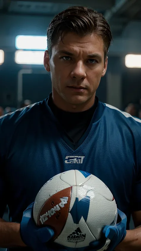 Headshot of a football coach advising leo to start passing the ball, 8k realistic imagery, blue scenery like a movie scene, old american setting, inspired by blade runner movie scene, blue tone,
