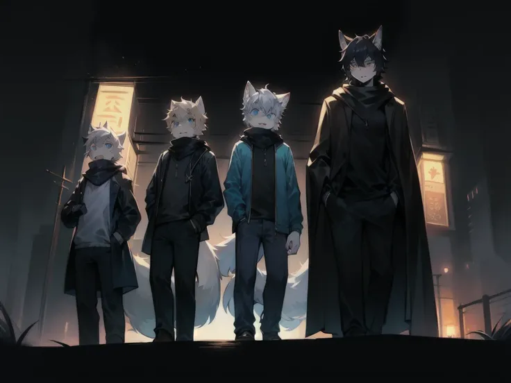 All staff side，walk，Anime style，Dark scene，Large background light source，five characters，The first one：hairy，16 years old，Young Style，Handsome，Bright Eyes，Male wolf，Dark blue hair，White hair on the face，Blue Eyes ，Yellow ear hair，Yellow hair around eyes，Ta...