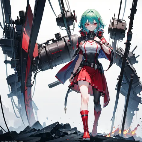 (Tabletop, Highest quality), (Perfect athletic body: 1.2), (Fine hair), Super Detailer, Anime Style, whole body, alone, Cyberpunk Karate Girl, Sea green twin hairstyle with red eyes, Wearing a shabby cloak and red skirt, Wearing long boots, Burnt mechanica...