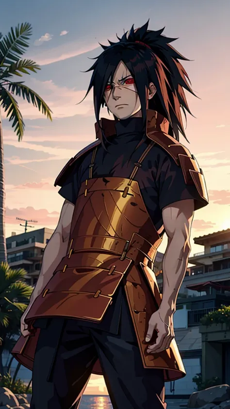 1male, Uchiha Madara from the anime Naruto, with long black hair and piercing red eyes. He has a handsome and confident appearance, with a captivating smile on his face.

He is wearing a set of red clothes that are intricately detailed, showcasing the high...