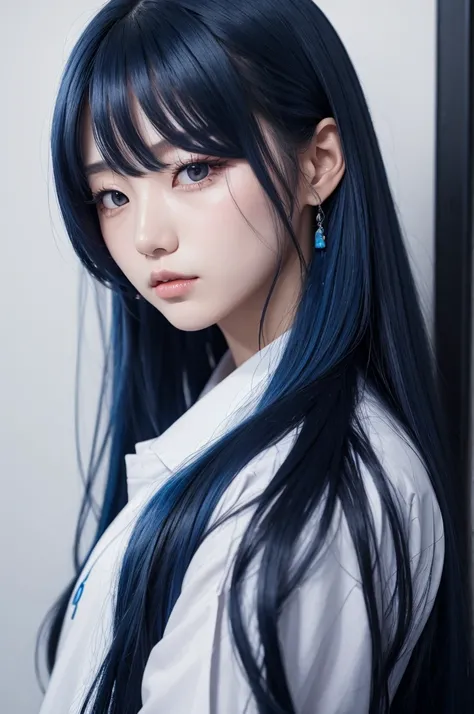 A Korean idol c with long blue hair, straight black eyes 