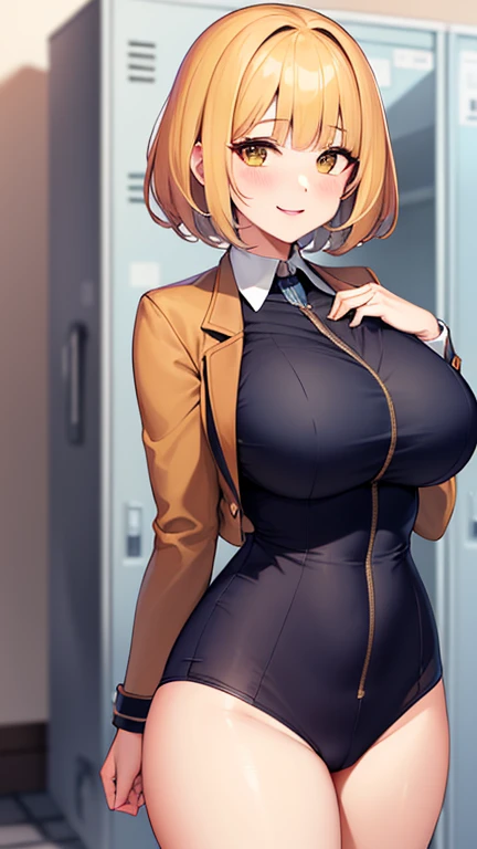 masterpiece, high quality, Detailed eyes, 
One girl, Hana Midorikawa, short hair, bangs, (Yellow Hair:1.0), (Brown eyes:1.0), blunt bangs,, (Mature Woman, Mature Woman:1.2), Large Breasts, (Volupture:1.2), Thick thighs, expensive, Long legs, Glowing Skin, ...