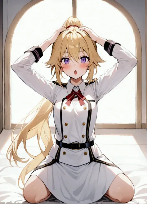 charlotte dunois、1 girl、solo、Blonde Hair、Purple Eyes、Long Hair、長いfoot、ribbon、学校のuniform、ponytail、Open your mouth、Watching the viewer、uniform、髪のribbon、紫のribbon、foot、blush、生foot、Are standing、首のribbon、青いribbon、belt、低いponytail、Focus on the face、profile、(Kneeli...