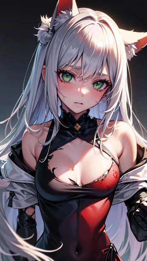 (Top resolution、Distinct_image)top-quality、A fox girl 、​masterpiece、highly detailed, half body, Semi-realistic、green eyes 、18year old, silver hairs ,young 、Exquisite facial features、Facial features ,variation potrait, long  hairstyles,  , teenage, cool , c...