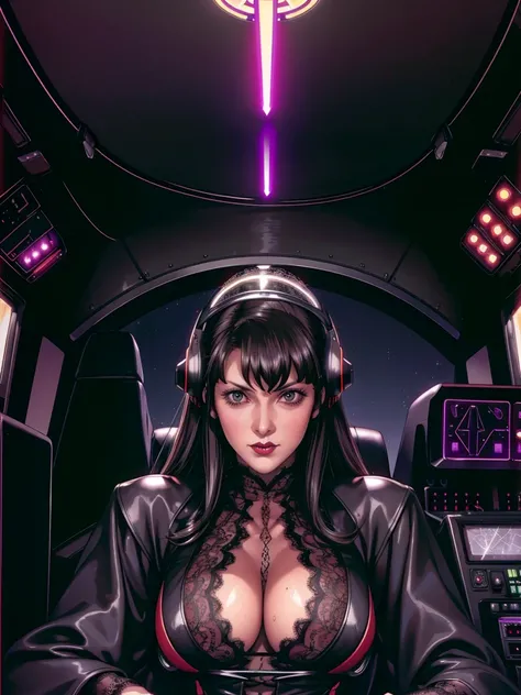 (((gothic vampire piloting) in gothic spacecraft)), (((retro anime))), ((from below)), ((120 fov)), ((((gothic)) control panels)), (((mature))), (((gothic))), (iridescent) bodysuit, ((((lace accessories)))), ((pilot seat)), ((((lying back)) pose)), (((eleg...