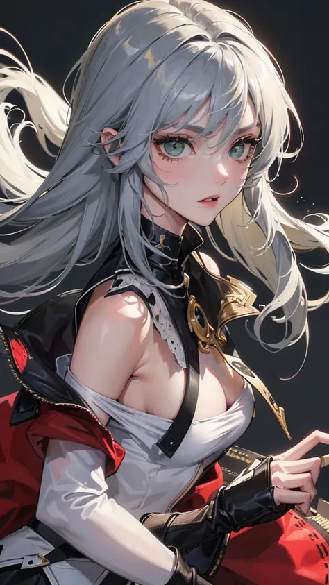 (Top resolution、Distinct_image)top-quality、(A fox girl) 、​masterpiece、highly detailed, half body, Semi-realistic、green eyes 、18year old, silver hairs ,young 、Exquisite facial features、Facial features ,variation potrait, long  hairstyles,  , teenage, cool ,...