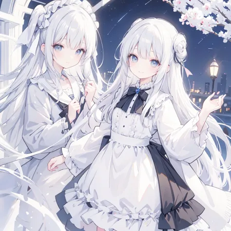 The background is a city, perfect White hair girl, Lolita in a skirt, White hair, White hair god, Cute anime girl in beautiful clothes, Gray Hair, Best Anime 4K Konachan Wallpapers, Little curvy loli, pixiv artstation 上的 guvez, White hair girl, Night Core,...