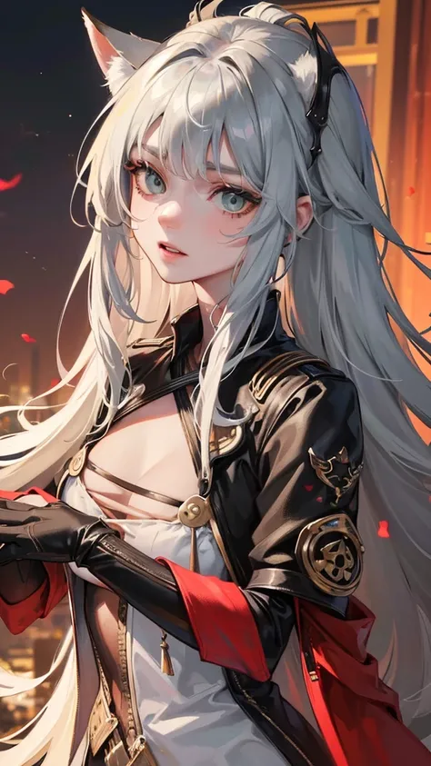 (Top resolution、Distinct_image)top-quality、(A fox girl) 、​masterpiece、highly detailed, half body, Semi-realistic、green eyes 、18year old, silver hairs ,young 、Exquisite facial features、Facial features ,variation potrait, long  hairstyles,  , teenage, cool ,...