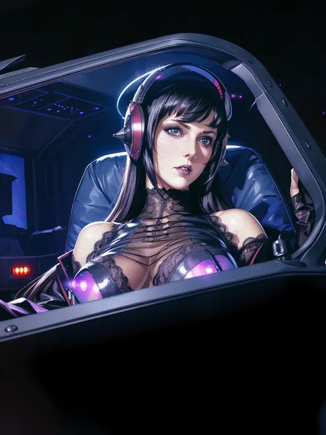 (((gothic vampire piloting) in gothic spacecraft)), (((retro anime))), ((from below)), ((120 fov)), ((((gothic)) control panels)), (((mature))), (((gothic))), (iridescent) bodysuit, ((((lace accessories)))), ((pilot seat)), ((((lying back)) pose)), (((eleg...