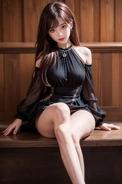 Highest quality,girl,cute,beautiful,Pink and brown hair,Sitting,Brown eyes,Black cabaret dress,Black Mini Dress,Diamond Necklace,