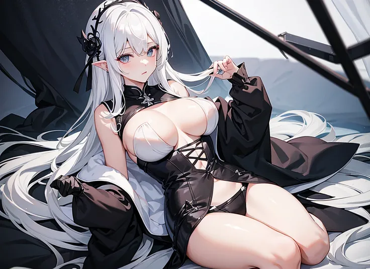 White Hair、Luxurious and sexy black clothing、whole body、Large Breasts、A girl lying down、Narrow waist、R18