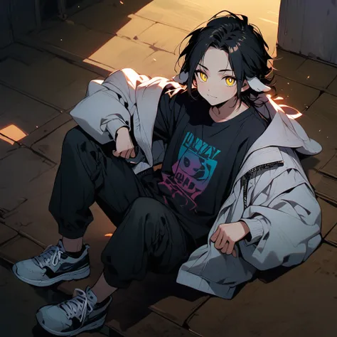 (well done: 1) man, shoulder-length black hair with a slight cream-colored gradient at the ends, white skin, sheeps ears, light dark circles, yellow eyes with rectangular horizontal pupils, loose white jacket, black t-shirt, black pants, sneakers white.