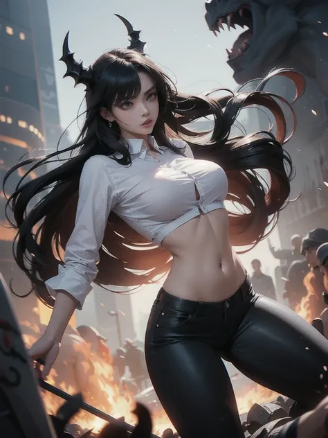 beautiful girl fighting with massive monster, she wear white shirt and black pants, lower belly, perfect body, fight with scary monster, crowd of monster, surrounded by monster, bloody, from behind, 