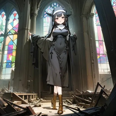 (solo), 1 skinny nun, (black sheer nuns robe), large breasts, stiletto heels, BREAK, black short hair, long sidelocks, black eyes, BREAK, short torso, skinny waist, skinny long legs, BREAK, old rotten church, devastated ruin, stained glass, BREAK, orgasm, ...