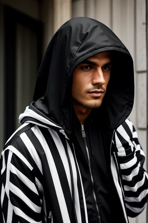 Generates an image of a black hooded jacket with white stripes for Men&#39;s style motorcycles 