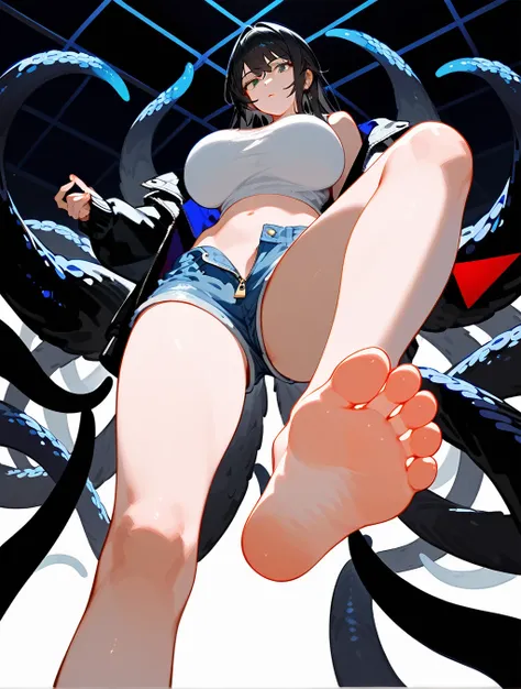 1 woman showing feet low angle，Stand on one foot，The other foot is raised and steps towards the audience，Soles出汗，barefoot，Soles，Foot Focus，White Belly Tank Top，Wearing an unzipped black jacket，Black hair，Bangs, Long hair，齐Bangs, Denim shorts，Anatomically c...