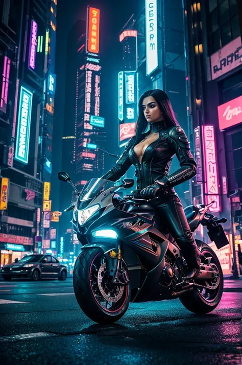 {{A stunningly beautiful and sexy woman piloting a high-performance racing motorcycle in a realistic Cyberpunk style}}, every intricate detail meticulously crafted to perfection. This is a Cyberpunk inspired image that personifies {((the fusion of elegant ...