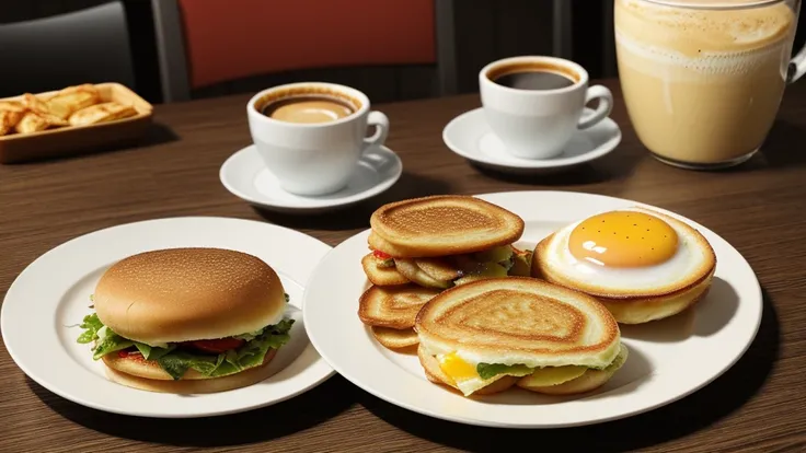 there is a plate of breakfast food on a table with a cup of coffee, an illustration of by Trevor Brown, pixiv, photorealism, hearty breakfast, amazing food illustration, super realistic food picture, anime food, diner background, detailed fanart, detailed ...