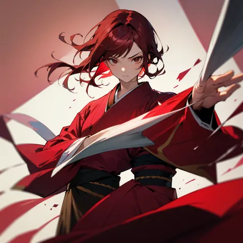 A beautiful fighter (shorth hair) (Brown eyes) (maroon hair) and with a kimono in a really cool pose