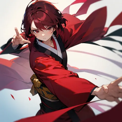 A beautiful fighter (shorth hair) (Brown eyes) (maroon hair) and with a kimono in a really cool pose