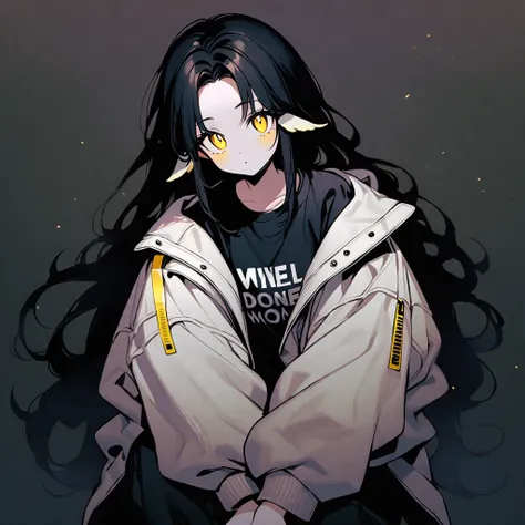 (well done: 1) woman, shoulder-length black hair with a slight cream-colored gradient at the ends, white skin, sheeps ears, light dark circles, yellow eyes with rectangular horizontal pupils, loose white jacket, black t-shirt, black pants, sneakers white.