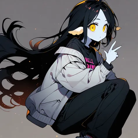 (well done: 1) woman, shoulder-length black hair with a slight cream-colored gradient at the ends, white skin, sheeps ears, light dark circles, yellow eyes with rectangular horizontal pupils, loose white jacket, black t-shirt, black pants, sneakers white.