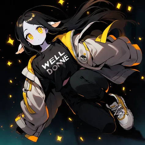 (well done: 1) woman, shoulder-length black hair with a slight cream-colored gradient at the ends, white skin, sheeps ears, light dark circles, yellow eyes with rectangular horizontal pupils, loose white jacket, black t-shirt, black pants, sneakers white.