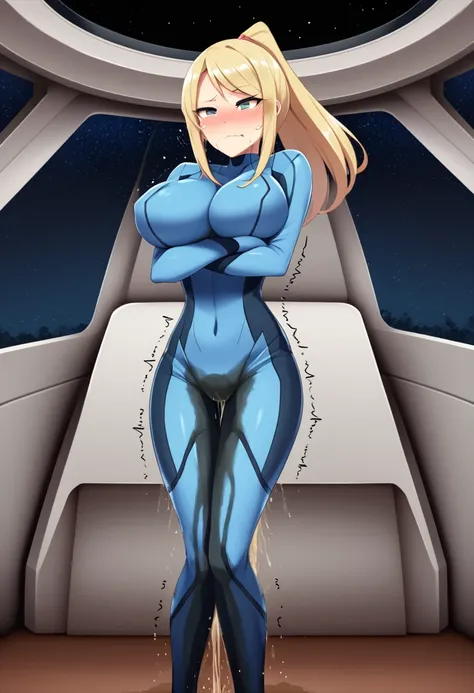 (high quality,Very detailed:1.37, High resolution), Woman, (mature:2.0), Samus Aran, Zero Suit, large breasts, (wetting herself:1.5), standing, (arms crossed:1.5), (embarrassed:1.5), (humiliation:1.5), (constricted pupils:1.5), (sweating:1.5), shaking, (tr...