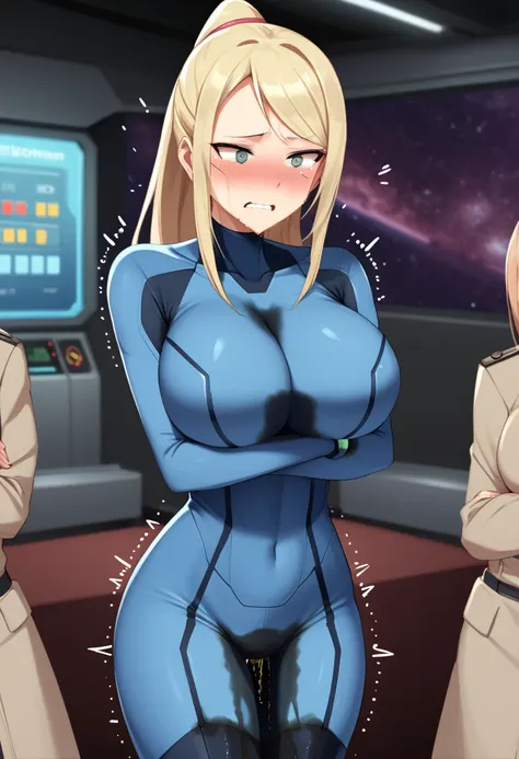 (high quality,Very detailed:1.37, High resolution), Woman, (mature:2.0), Samus Aran, Zero Suit, large breasts, (wetting herself:1.5), standing, (arms crossed:1.5), (embarrassed:1.5), (humiliation:1.5), (constricted pupils:1.5), (sweating:1.5), shaking, (tr...