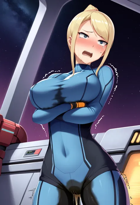 (high quality,Very detailed:1.37, High resolution), Woman, (mature:2.0), Samus Aran, Zero Suit, large breasts, (wetting herself:1.5), standing, (arms crossed:1.5), (embarrassed:1.5), (humiliation:1.5), (constricted pupils:1.5), (sweating:1.5), shaking, (tr...