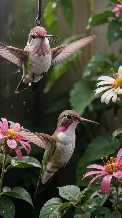 hummingbird,in beautiful, very colorful flowers, It just rained and the hummingbird is feeding