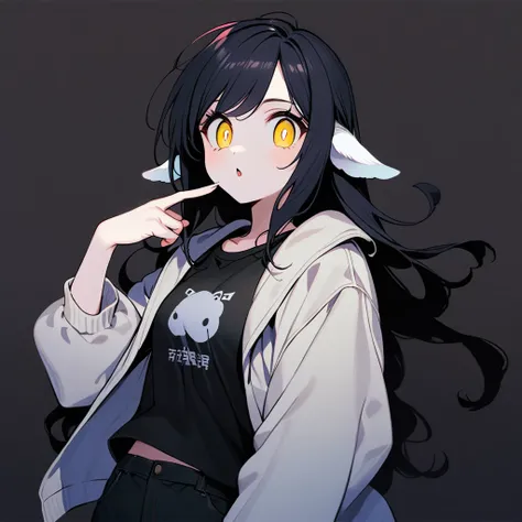 (well done: 1) woman, shoulder-length black hair with a slight cream-colored gradient at the ends, white skin, sheeps ears, light dark circles, yellow eyes with rectangular horizontal pupils, loose white jacket, black t-shirt, black pants, sneakers white.