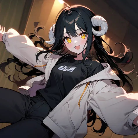 (well done: 1) woman, shoulder-length black hair with a slight cream-colored gradient at the ends, white skin, sheeps ears, light dark circles, yellow eyes with rectangular horizontal pupils, loose white jacket, black t-shirt, black pants, sneakers white.