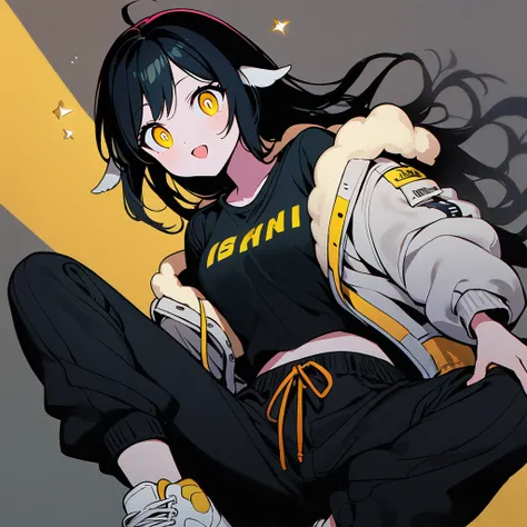 (well done: 1) woman, shoulder-length black hair with a slight cream-colored gradient at the ends, white skin, sheeps ears, light dark circles, yellow eyes with rectangular horizontal pupils, loose white jacket, black t-shirt, black pants, sneakers white.