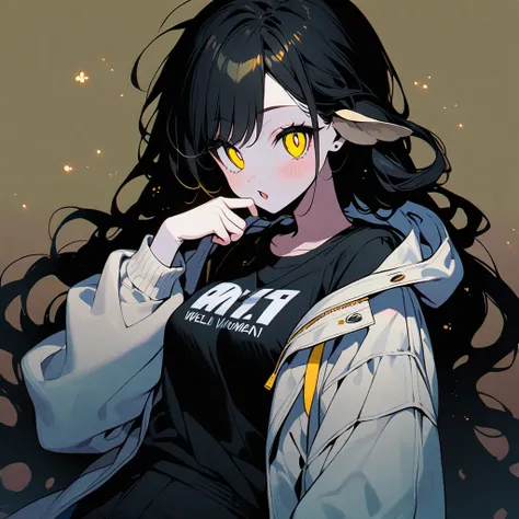 (well done: 1) woman, shoulder-length black hair with a slight cream-colored gradient at the ends, white skin, sheeps ears, light dark circles, yellow eyes with rectangular horizontal pupils, loose white jacket, black t-shirt, black pants, sneakers white.