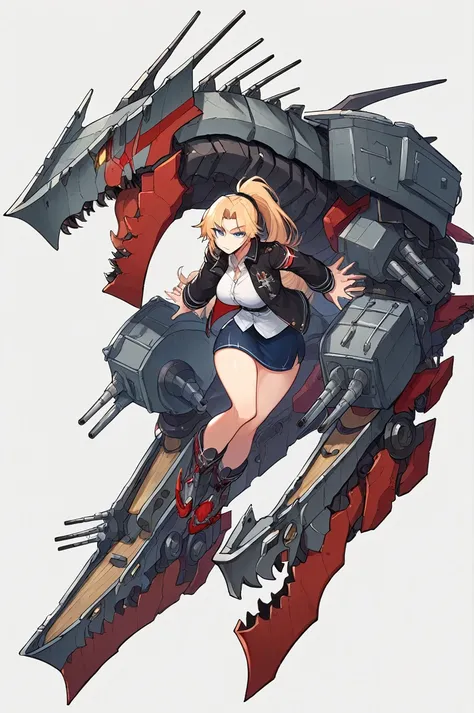 score_9, score_8_up, score_7_up, BREAK source_anime, masterpiece, best quality, 1girl, simple background, IronBlood, batl, rigging, turret, cannon, (epicrigging, livingrigging, non-humanoid robot, dinosaur, t-rex), blonde hair, ponytail, blue eyes, long ha...